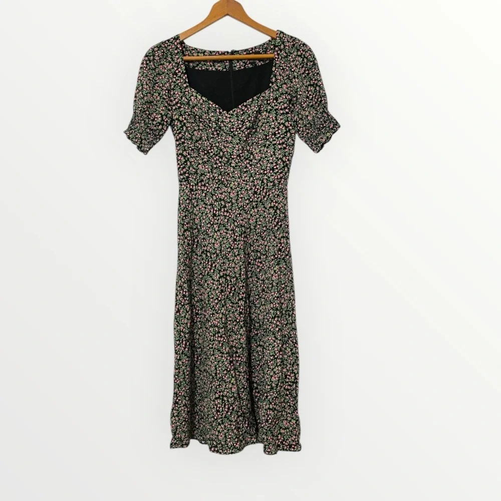 J.Crew Floral Puff Sleeve Midi Dress Black Pink Green 00
